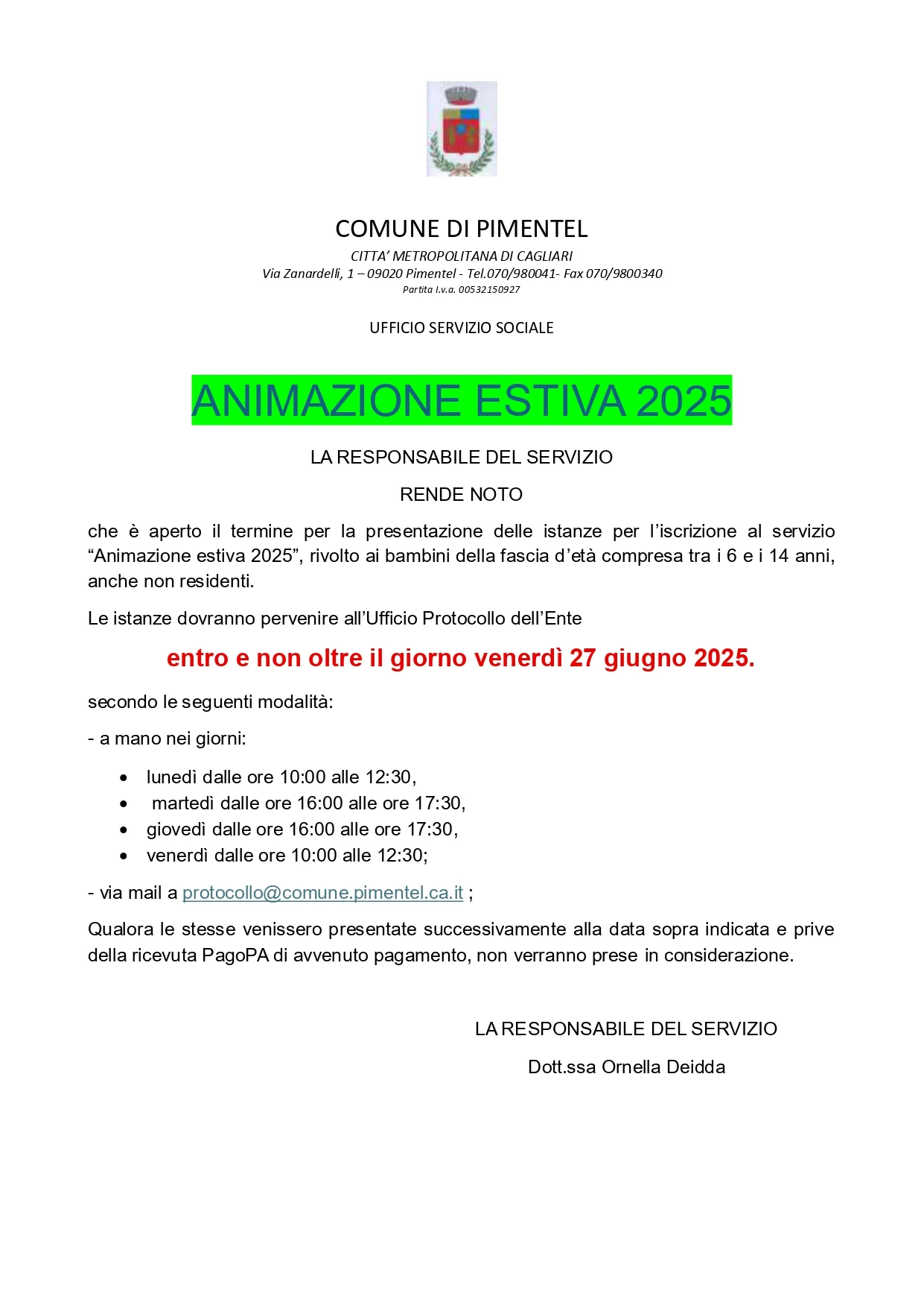 Avviso avvio iscrizione al servizio