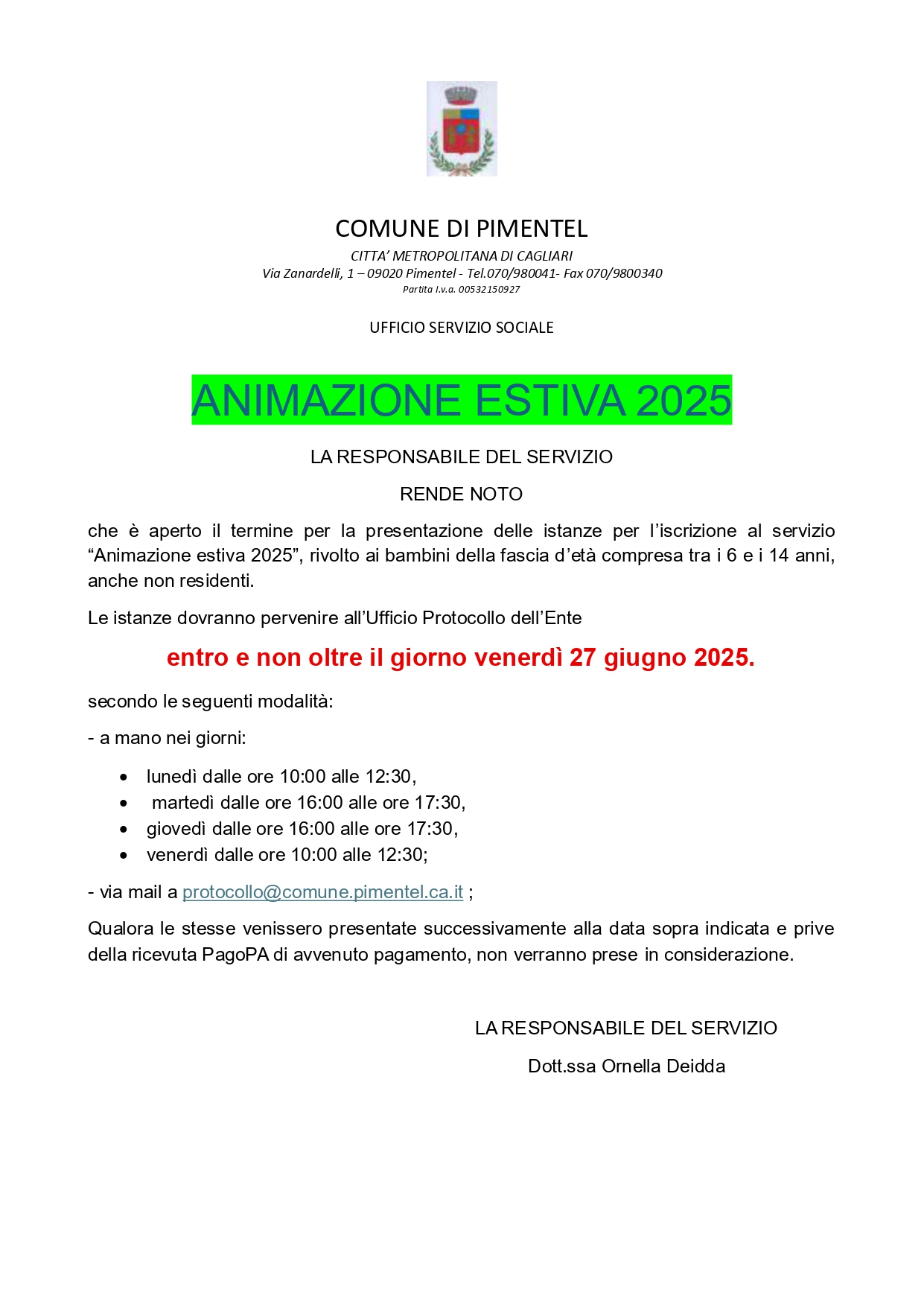 AVVISO AVVIO ISCRIZIONE AL SERVIZIO