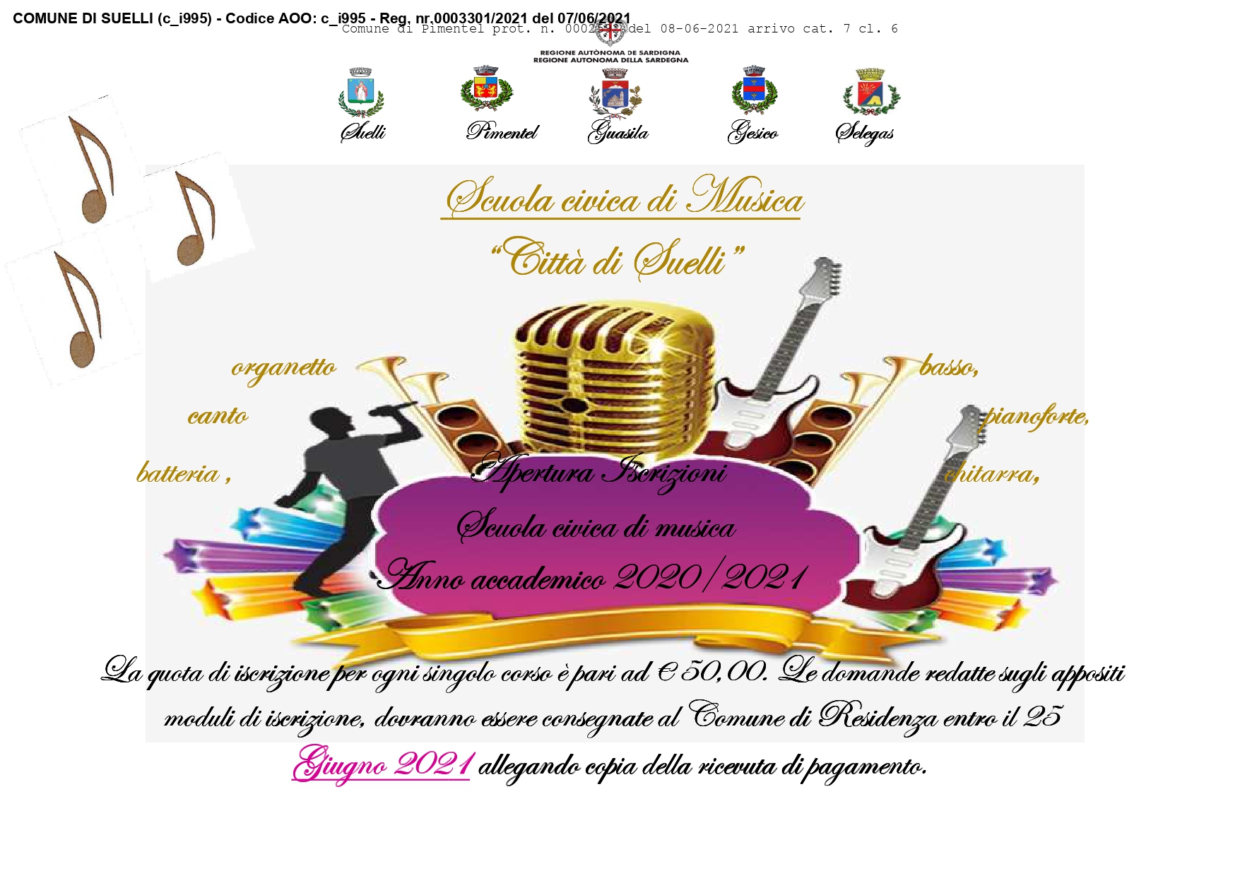 Scuola civica di musica “Città di Suelli” anno accademico 2021– apertura iscrizioni